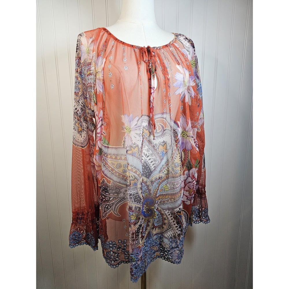 Johnny Was Biya Paisley Mesh Embroidery Eyelet Trim Blouse Women's L Boho